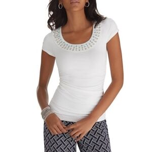 White House Black Market White Short Sleeve Embellished Neck Ruched Top Size M